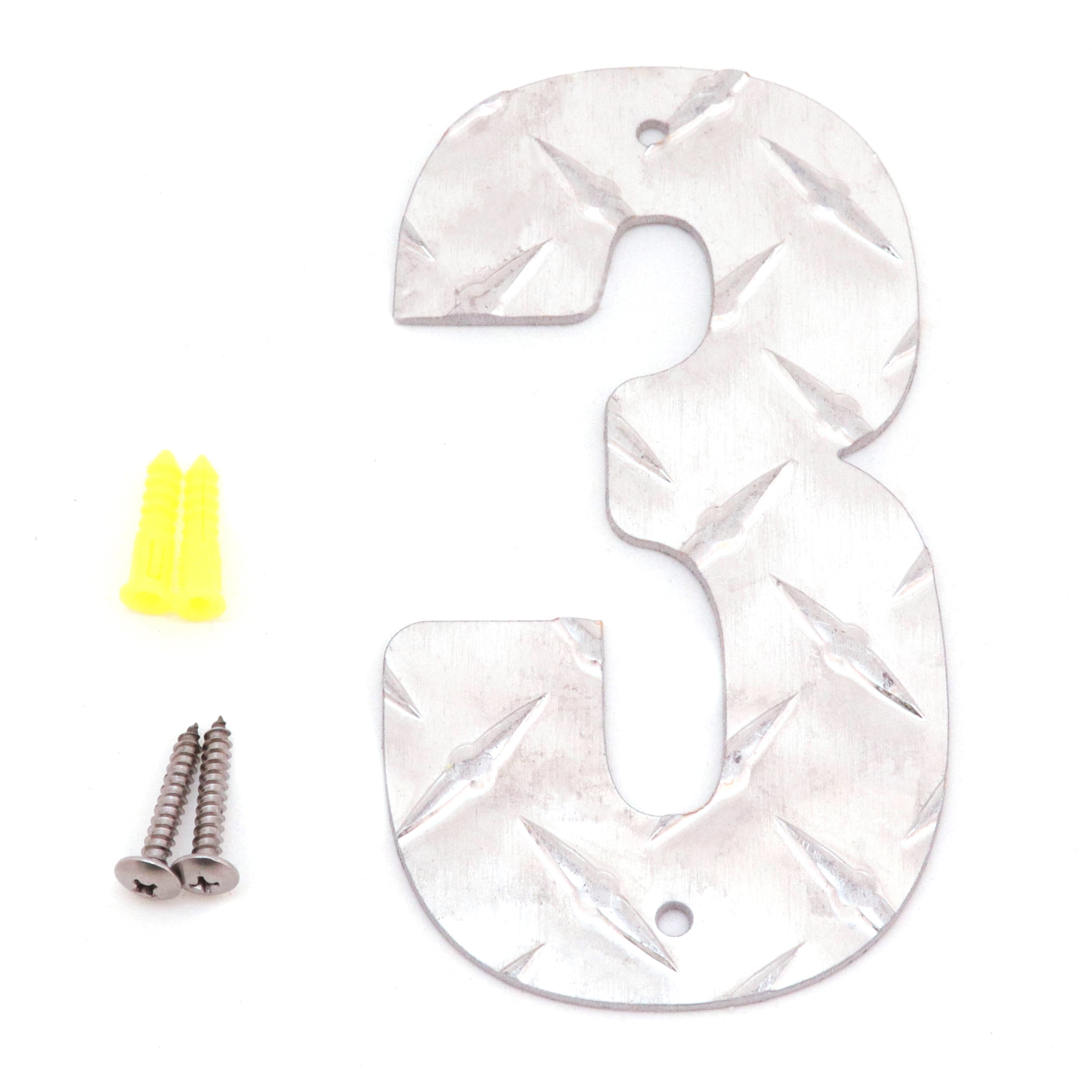 Deco Gables Designs House Hanging Metal Decor Address Number Three 3 Durable Polished Aluminum Diamond Tread Indoor Outdoor Home Business Garage with Mounting Hardware 6 inches Tall Rust Resistant