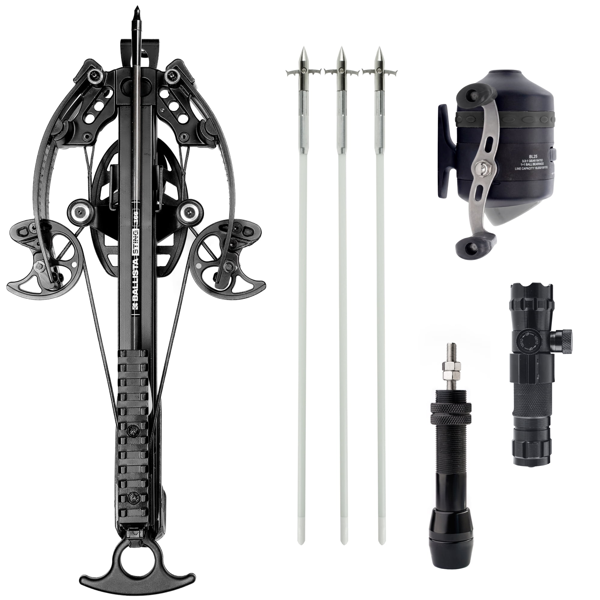 Ballista BAT Compound Crossbow with Bowfishing Arrows Reel BL25 Reel Mount Green Laser