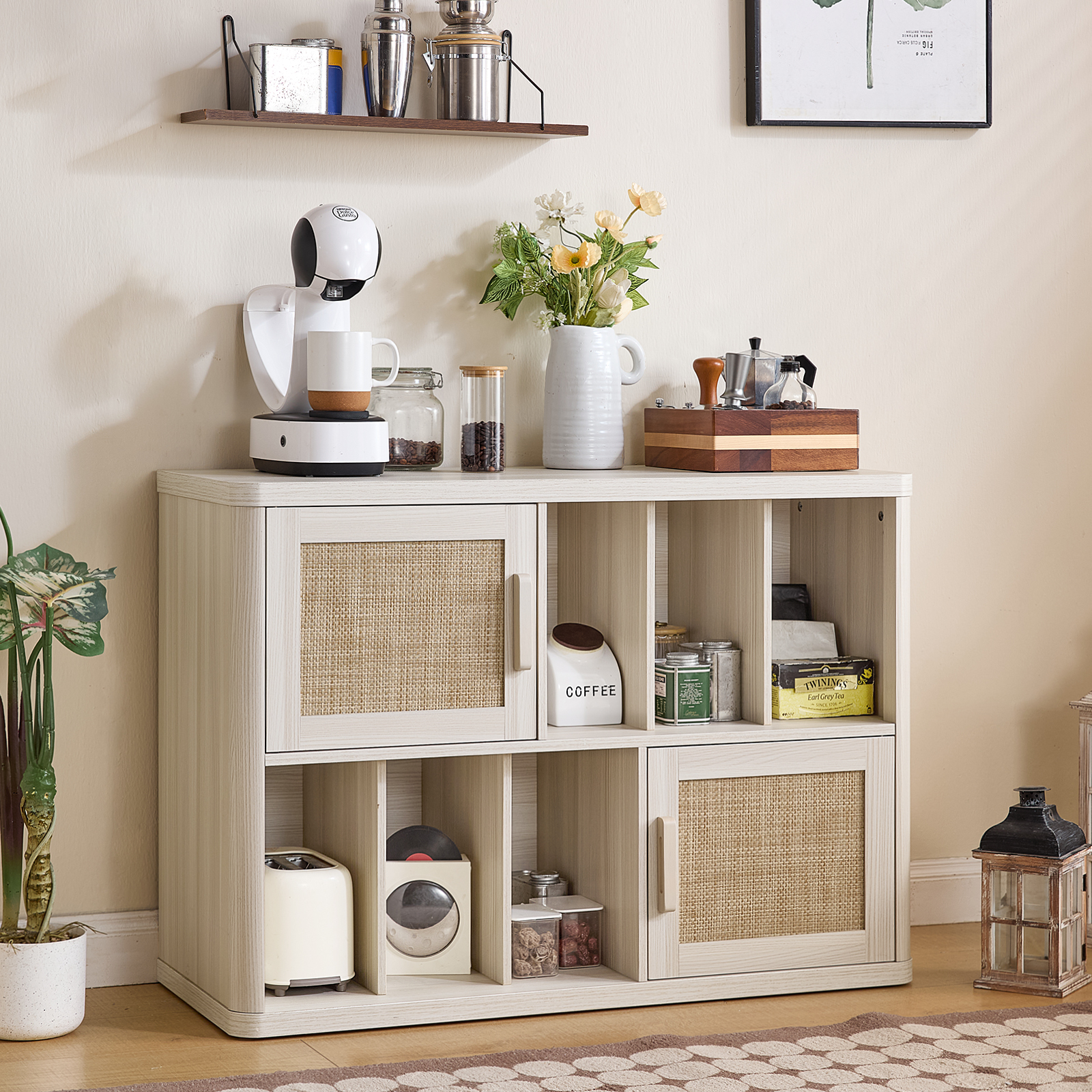 LELELINKY Rattan Record Player Stand, Large Turntables Stand with Vinyl Record Storage Holds up to 450 Albums, Record Player Table for Living Room Office, White