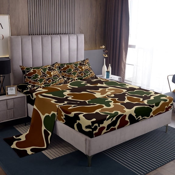 Erosebridal Dark Green Brown Camouflage Bed Sheets Twin , Aesthetic Abstract Artwork Bedding Sets Twin Size, Camo Bedroom Decor 3-Piece