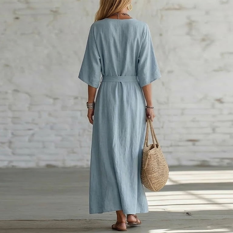 casual loose fitting dresses QUNYINEY 3/4 Sleeve Womens Dresses Long Cotton Linen Blue Summer A Line  Dress with Pockets V Neck Casual Loose Fit Dresses