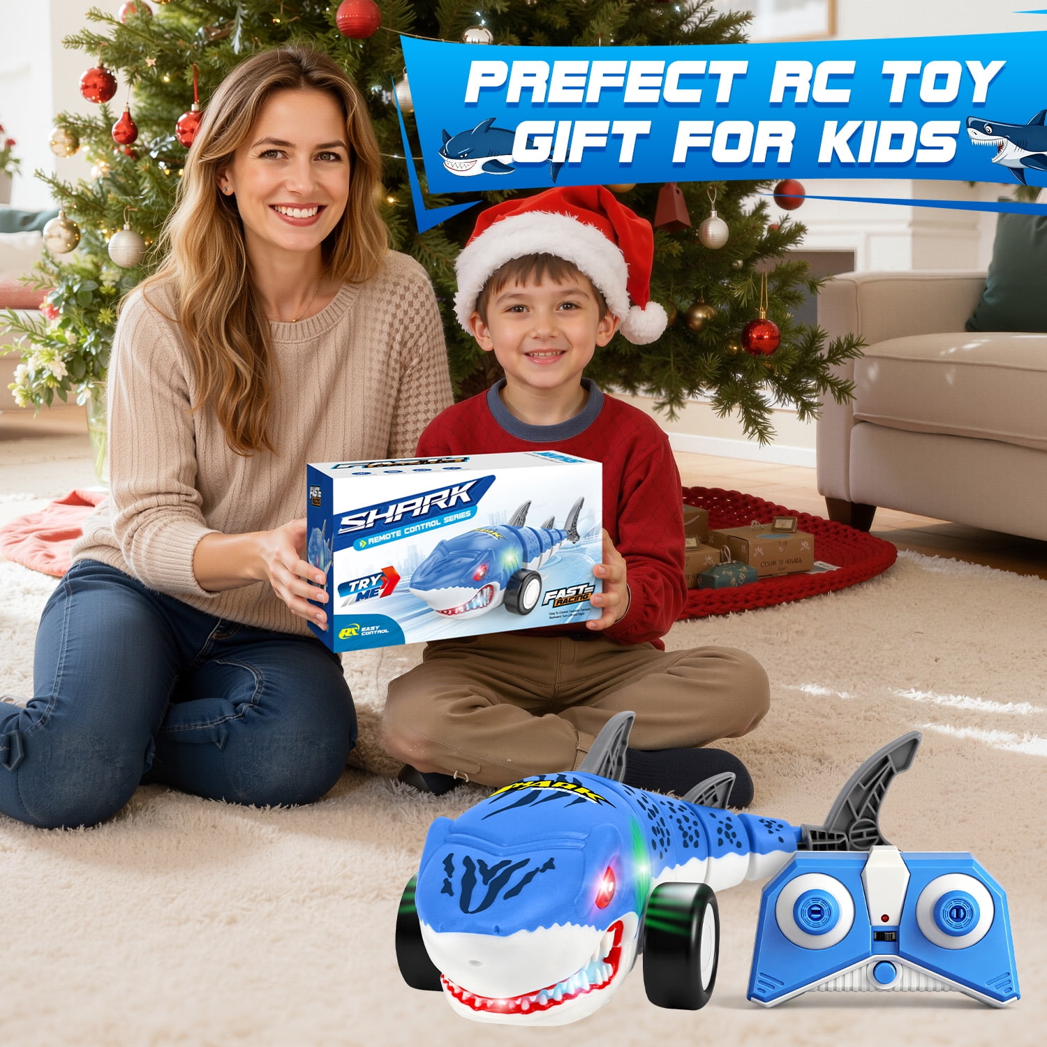 Huge Wave Remote Control Shark Car Toys for Kids, 2.4Ghz RC Shark Cars with Cool Light, 360° Stunt Swinging Tail, Birthday Gifts for Girls Boys Age 3-8