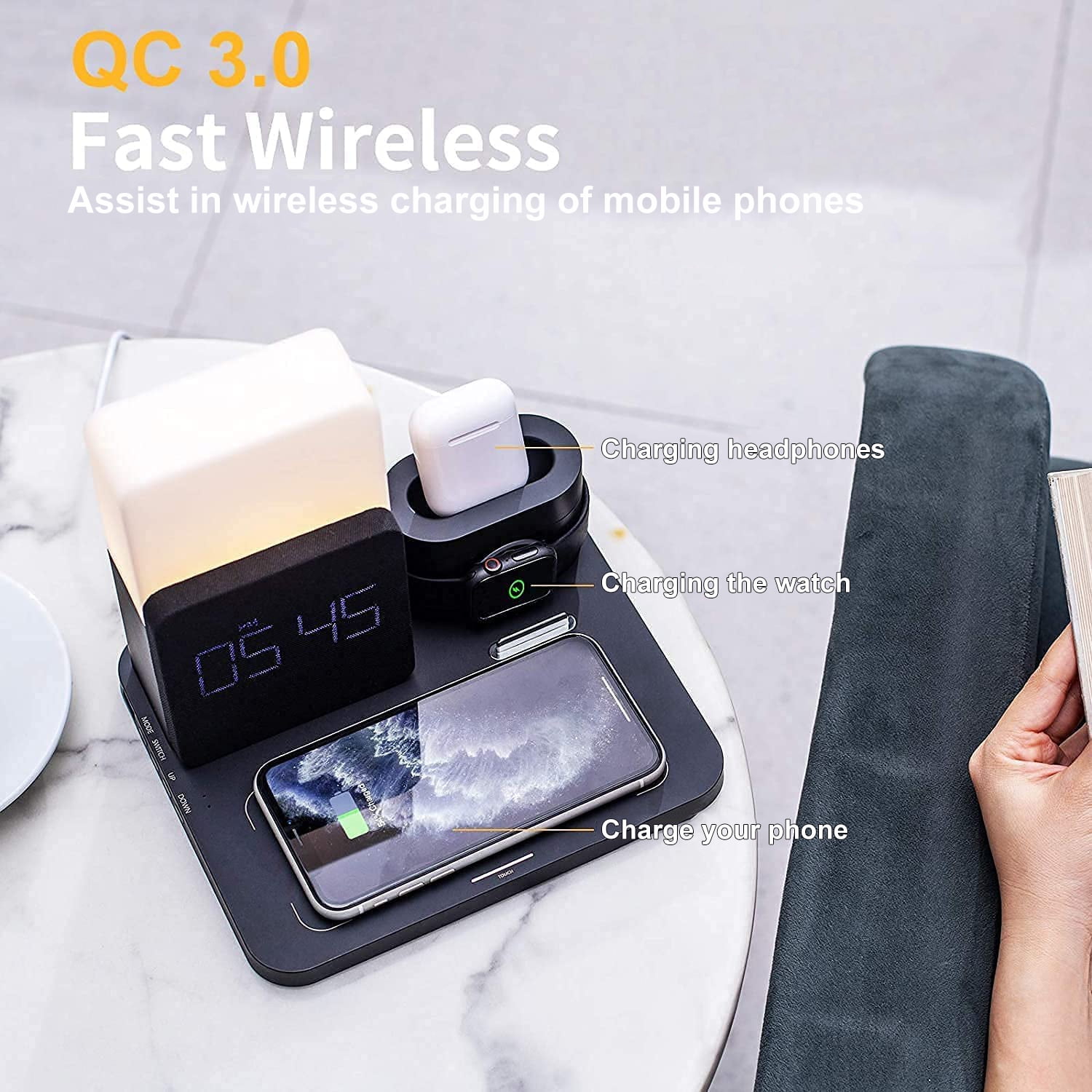 Alarm Clock with Wireless Charger, Night Light, Wireless Charging Station, 3 in 1 Charging Station, iPhone 12/13/14/15/16 Pro/13 Mini/13 Pro Max/12 pro, AirPods