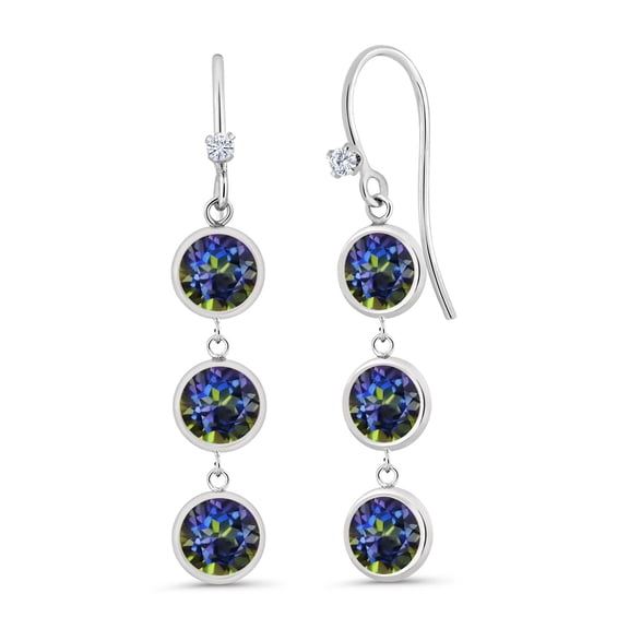 Gem Stone King 925 Sterling Silver Round Blue Mystic Topaz and White Moissanite 3 Stone Earrings for Women (3.03 Cttw, Gemstone Birthstone, 1 inch)