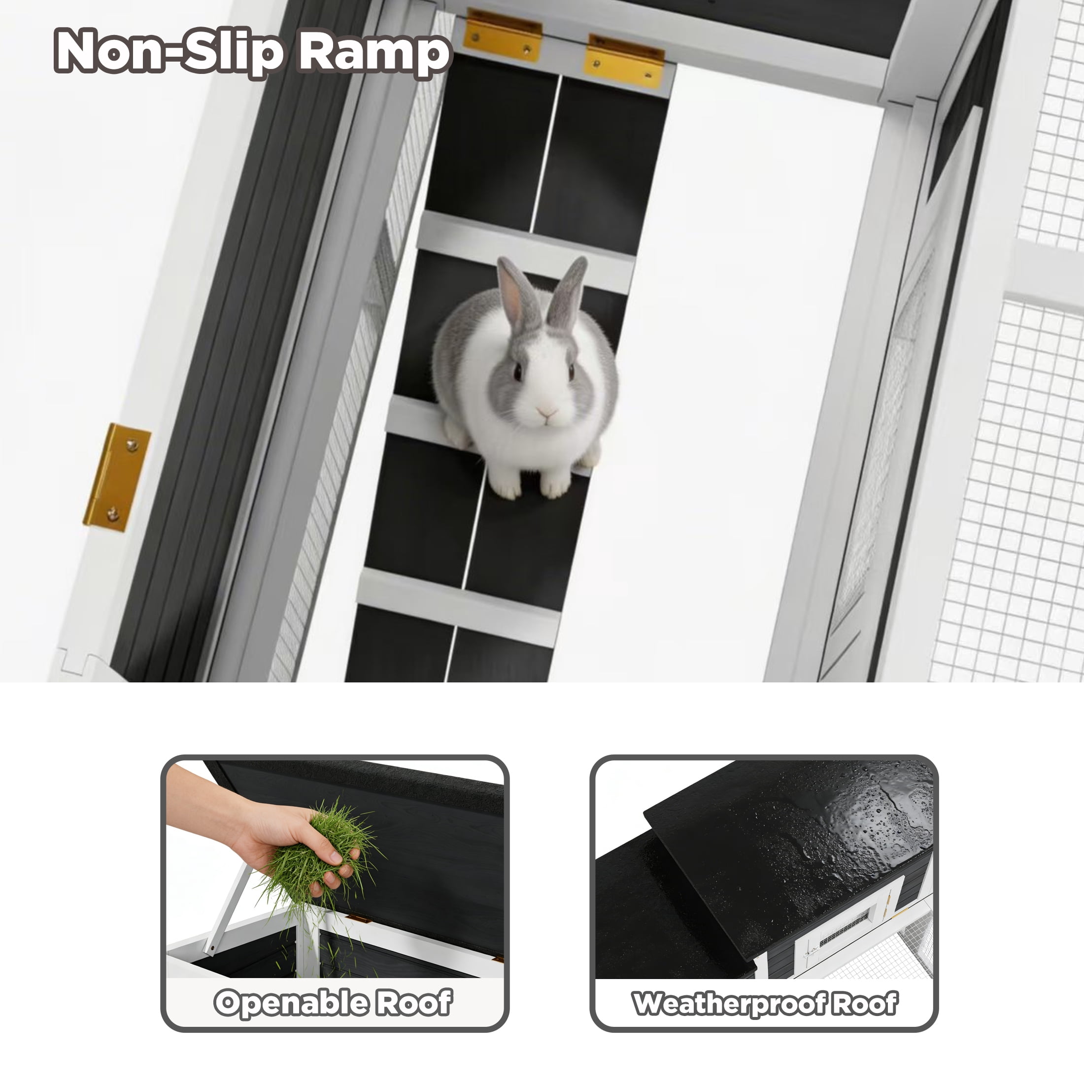 Outdoor 2 Story Wooden Rabbit Hutch with 2 Openable Asphalt Roofs, Indoor Guinea Pig Hideout with Wire Mesh and Tray,Black with White