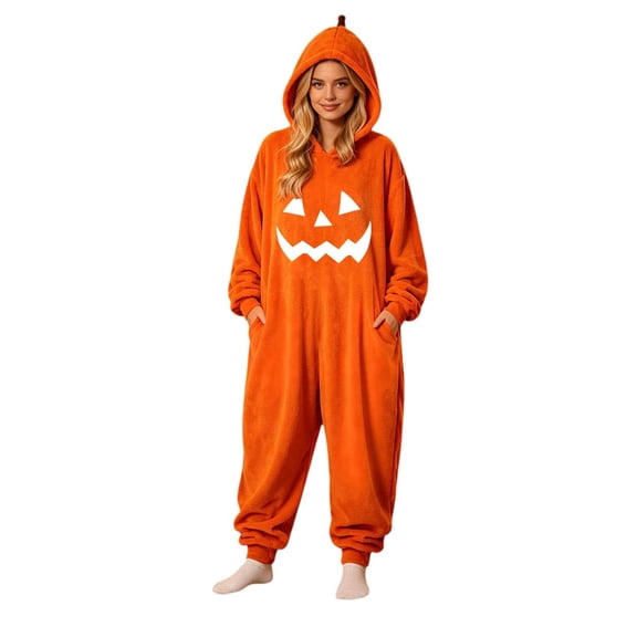 LILIYA Pumpkin Print Adult Onesie, Cozy Hooded Jumpsuit, Long Sleeve Pajamas for Couples, Soft Bodysuit with Deep Pockets, Warm Holiday Loungewear Suit