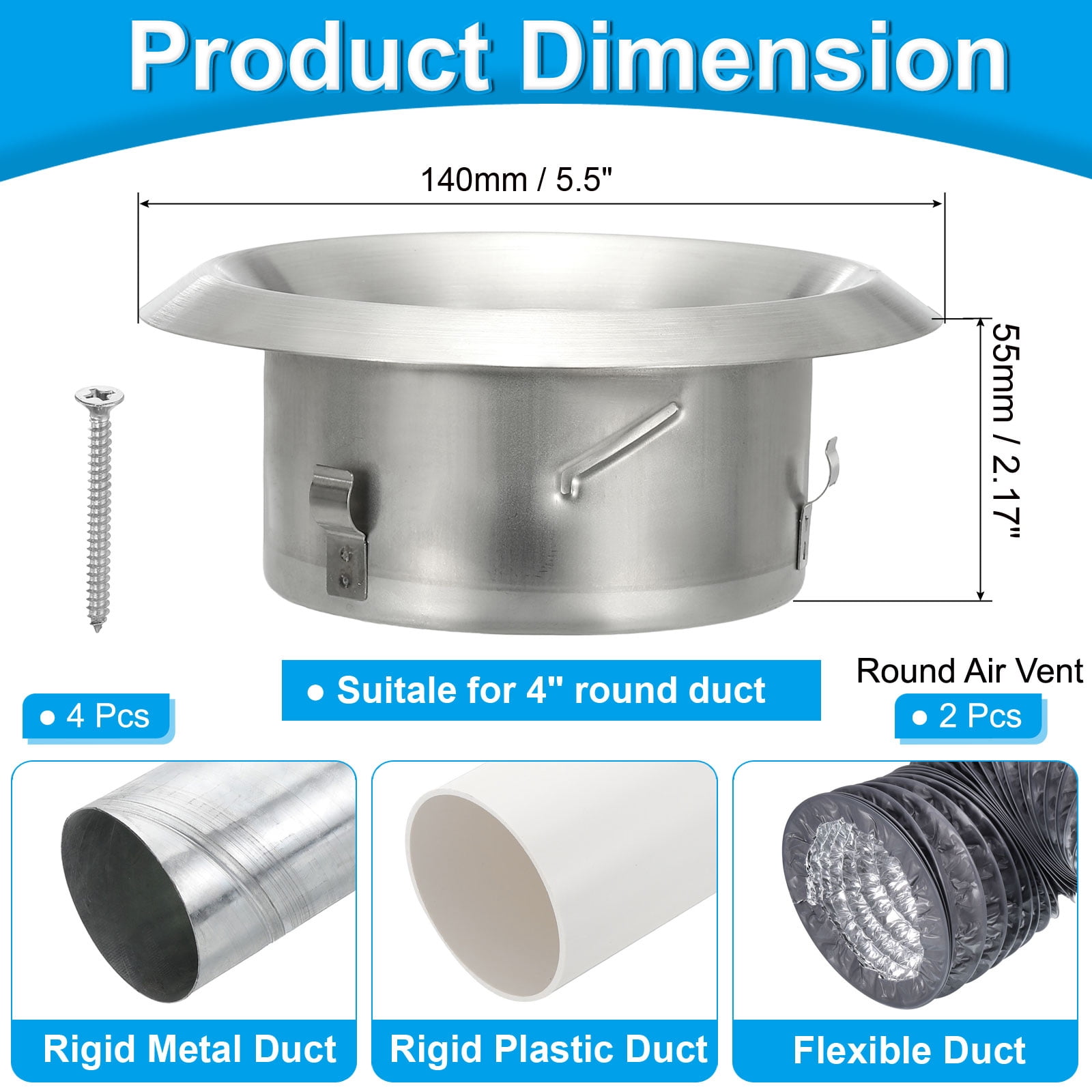 Uxcell Round Ceiling Diffuser, 304 Stainless Steel Adjustable Wall Air Vent Diffuser Vent Duct Cover Exhaust Supply, 4 Inch
