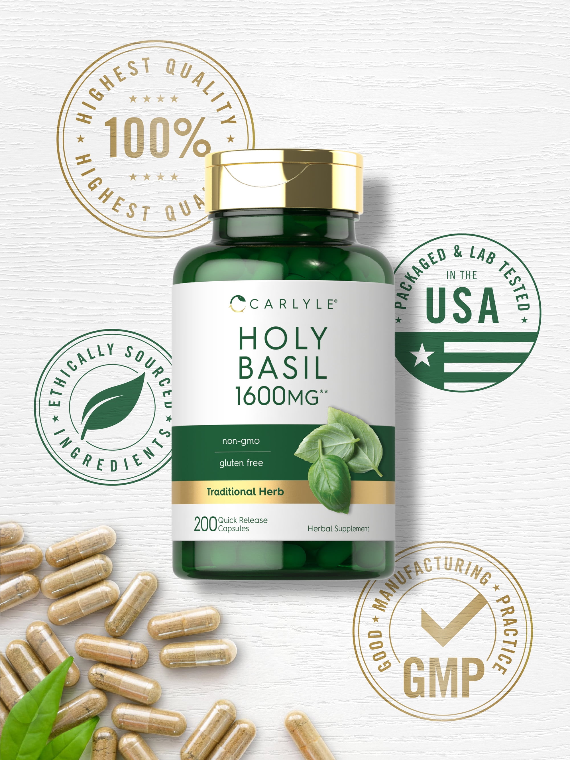 Holy Basil Extract 1600mg 200 Capsules Herbal Supplement by Carlyle