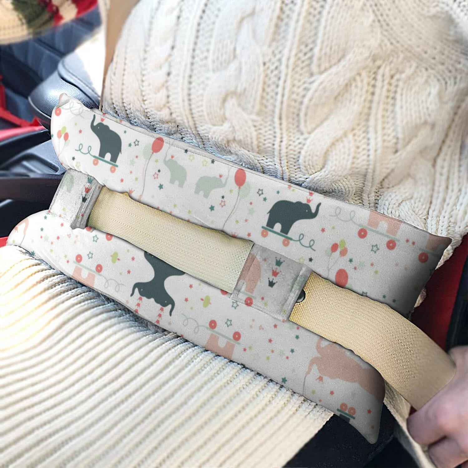 Car Seatbelt Pillow for Women - Minimalist Elephant and Geometric Shapes Design - Protects Sensitive Areas After Breast Surgery