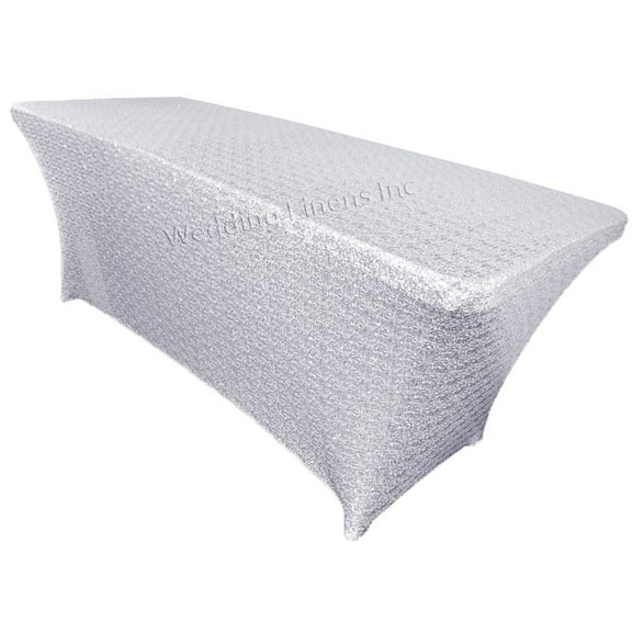 Wedding Linens Inc. 8 Ft Sequin Rectangular Spandex Stretch Elastic Lycra Table Cover tablecloth for Wedding Events Party Décor use - Platinum