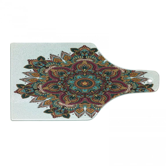 Mandala Cutting Board, Mandala Design Unifying Centre Eastern Sign Pattern Print Art, Decorative Tempered Glass Cutting and Serving Board, Wine Bottle Shape, Multicolor, by Ambesonne