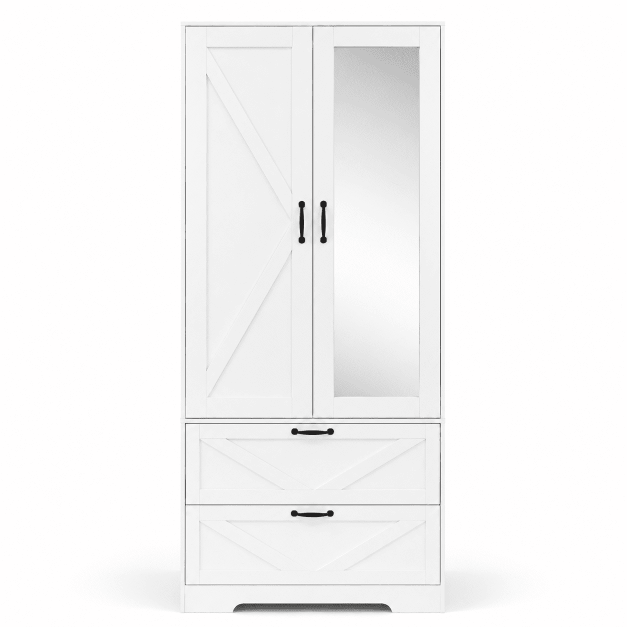 Aukfa 2-Door Wardrobe Armoire with Mirror & Built-In Induction Light, Bedroom Wood Closet with Hanging Rod & 2 Drawers,White
