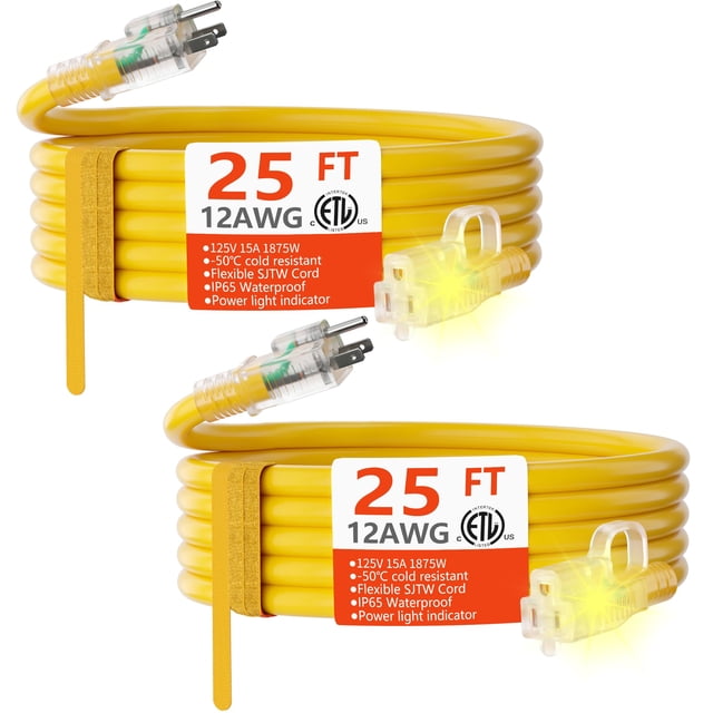 Cable de extensión HUANCHAIN 12/3, 25 pies, paquete de 2 unidades, resistente para exteriores