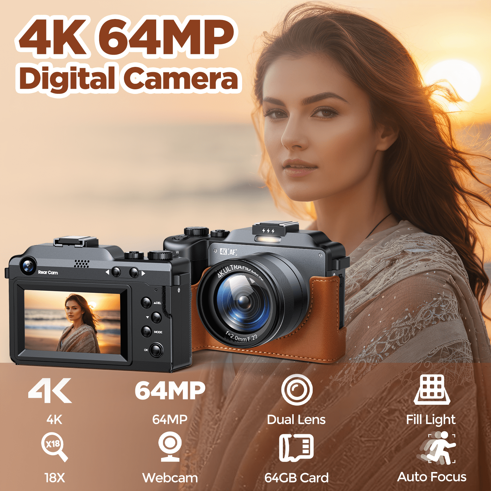 Campark AC16 64MP Digital Camera 4K/30FPS Video with Case, 64GB Card for Beginners