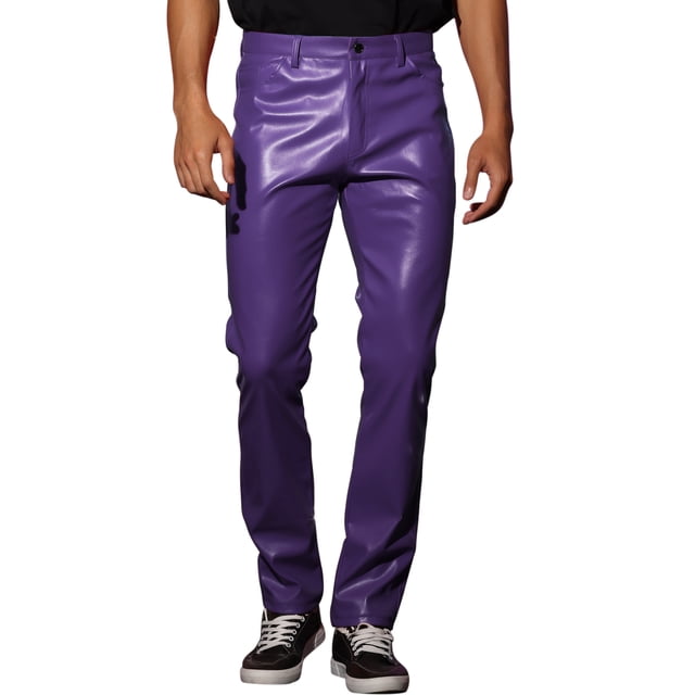 INSPIRE CHIC Men's Pants PU Leather Button Casual Style Pants 30 Purple