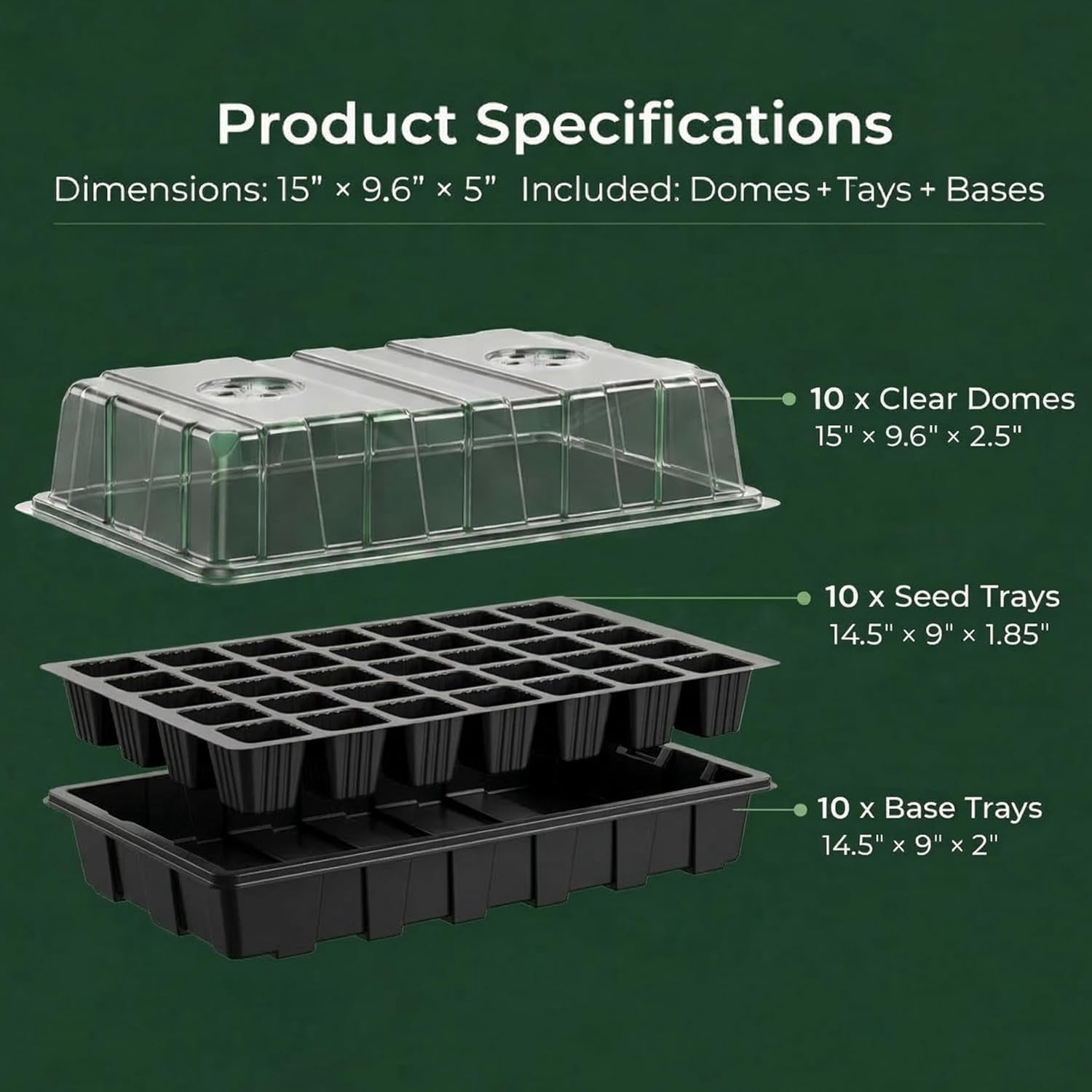 10-Pack Seed Starter Kits, Reusable Plant Germination Trays with Total 150-Cell, Seed Starter Tray with Humidity Vented Domes and Bases for Starting Vegetable Flower Herb Seeds 15" x 9"