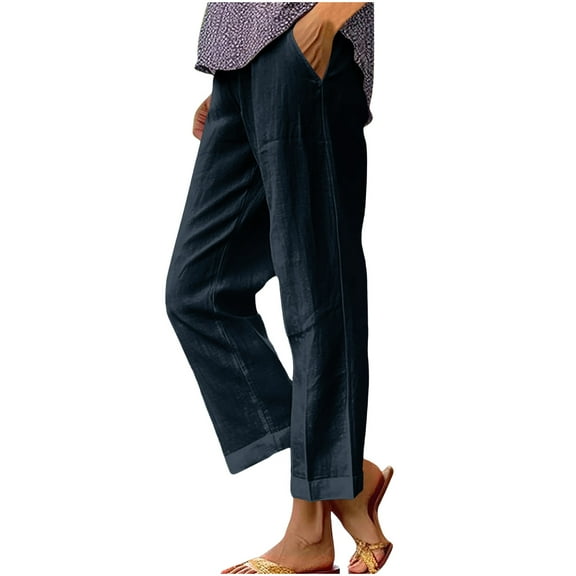 Linen Pants Women Summer Casual Straight-Leg Drawstring Elastic Waist Lightweight Cropped Pant with Pockets Dark Blue XL