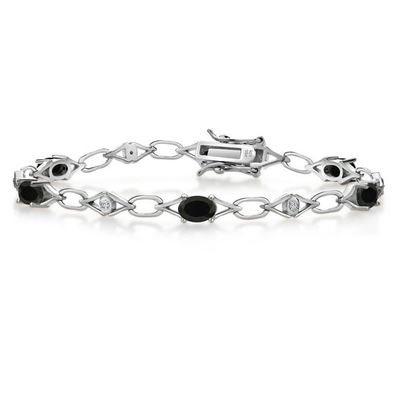 Gem Stone King 925 Sterling Silver Black Onyx and White Lab Grown Diamond Tennis Bracelet for Women (5.54 Cttw, Gemstone Birthstone, Heart 6X4MM, 7.25 inches)