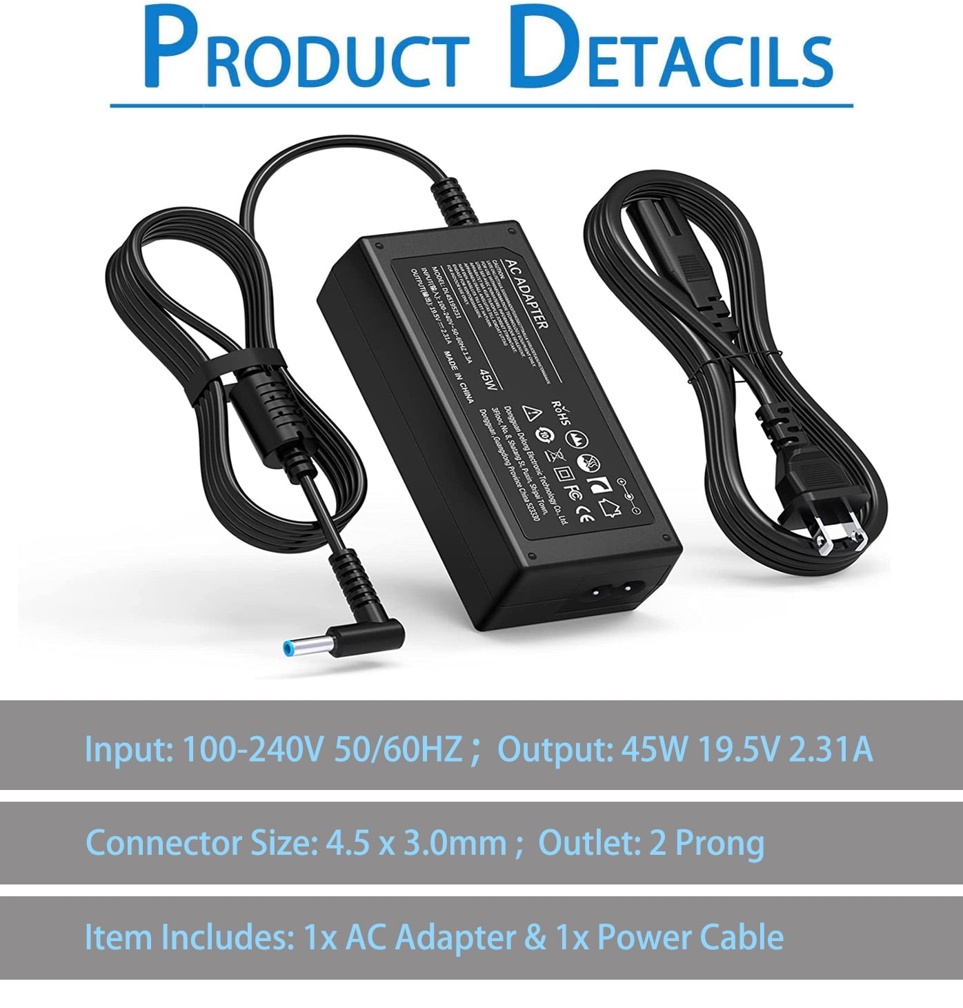 45W 19.5V Blue Tip Laptop Power Adapter Compatible for HP Notebook PC 14-am052nr 14-am071la 15-ba061dx 15-ba037cl, Stream 11-ah012dx 11-ah112dx 13-c002dx 13-c193nr with Power Cord