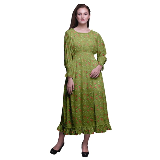 Bimba Floral Women Printed Smocked Waist Long Casual Maxi RuffleDress-XXX-Large