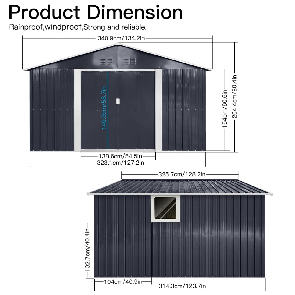 11.2ft x 10.6ft Metal Garden Shed – Grey Outdoor Storage Shed with Window for Tools and Equipment