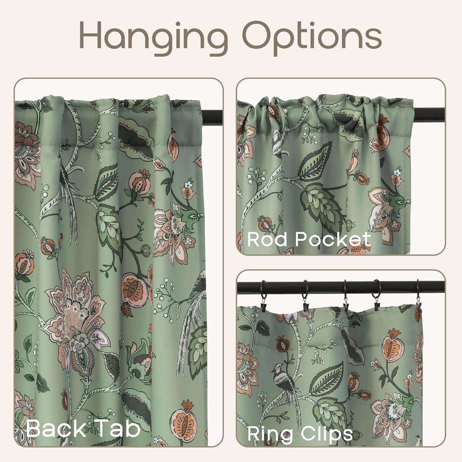 Cute Blackout Curtains 63 Inch Long for Bedroom,70% Black Out Room Darkening Rod Pocket Vintage Boho Floral Pattern Sage Green Coral Fruit Plant Vine Curtains for Living Room 63 in Length 2 Panel Set