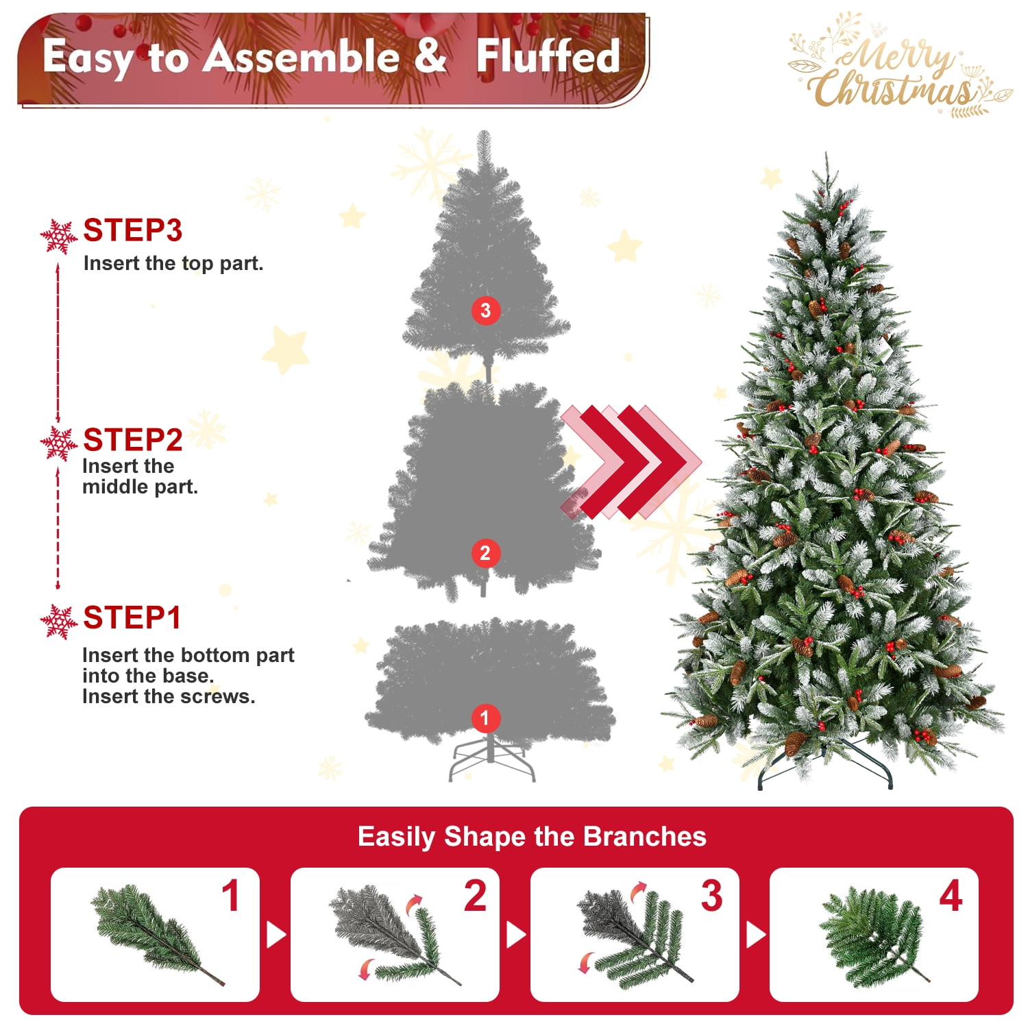 8 Ft Christmas Tree with 2850 Tips, Red Berries & Pine Cones, Snow-Dusted PE+PVC Branches, Hinged Design for Easy Setup, Sturdy Metal Stand, Full, Natural Holiday Tree Decoration