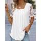 thumbnail image 5 of Camiseta estampada plisada con cuello cuadrado para mujer, camisetas de manga corta con empalme de encaje, Tops holgados informales para mujer 2023, 5 of 5