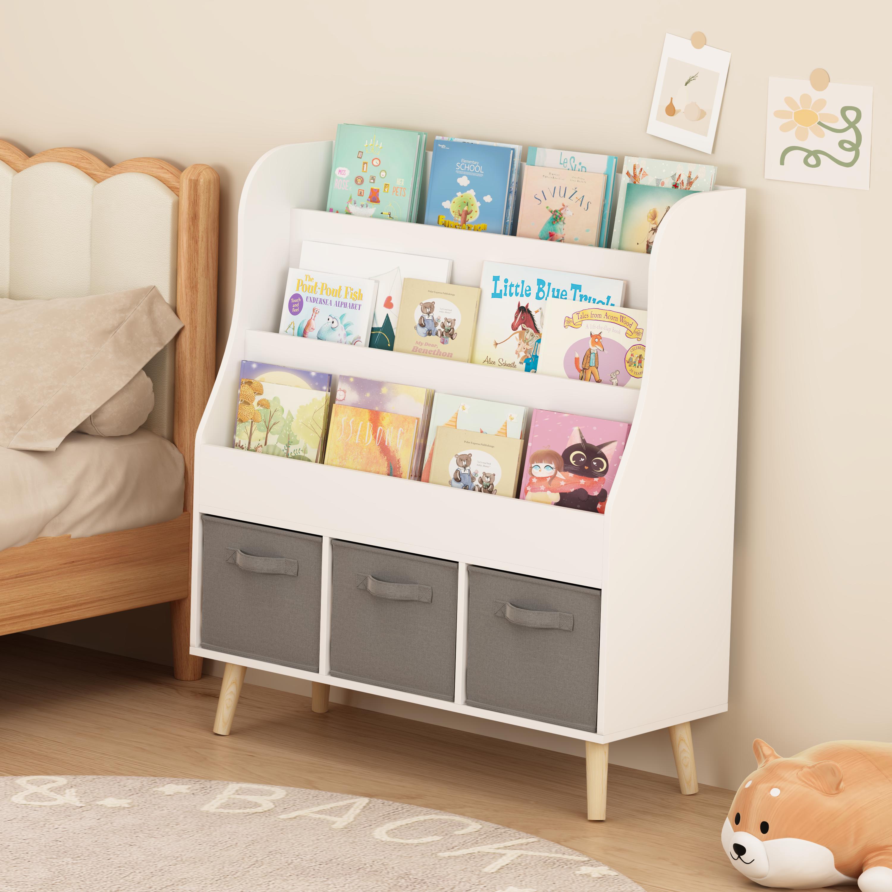 Yoneston Kids Bookshelf with 3 Fabric Storage Bins & 3 Tier Shelves, Wooden Book Rack with Solid Legs for Playroom Nursery Bedroom, White