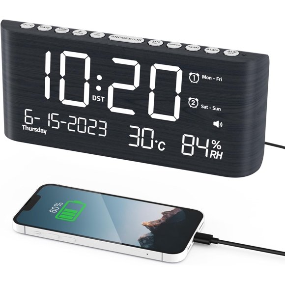 Réveil en Bois Double pour Chambre, Horloge Numérique avec Jour/ Week-End/jour/un Jour, Humidité&Température, Date, Heure, Semaine, Luminosité, Snooze, Téléphone