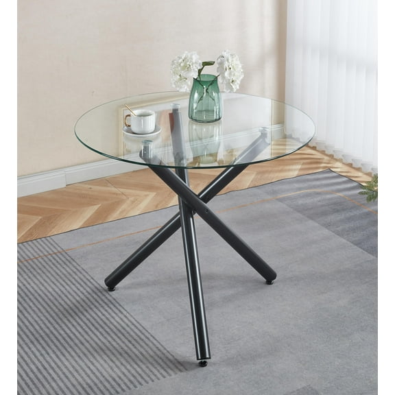 Round Dining Table with black metal leg and tempered glass,Modern Space Saving Kitchen Table for Living Room