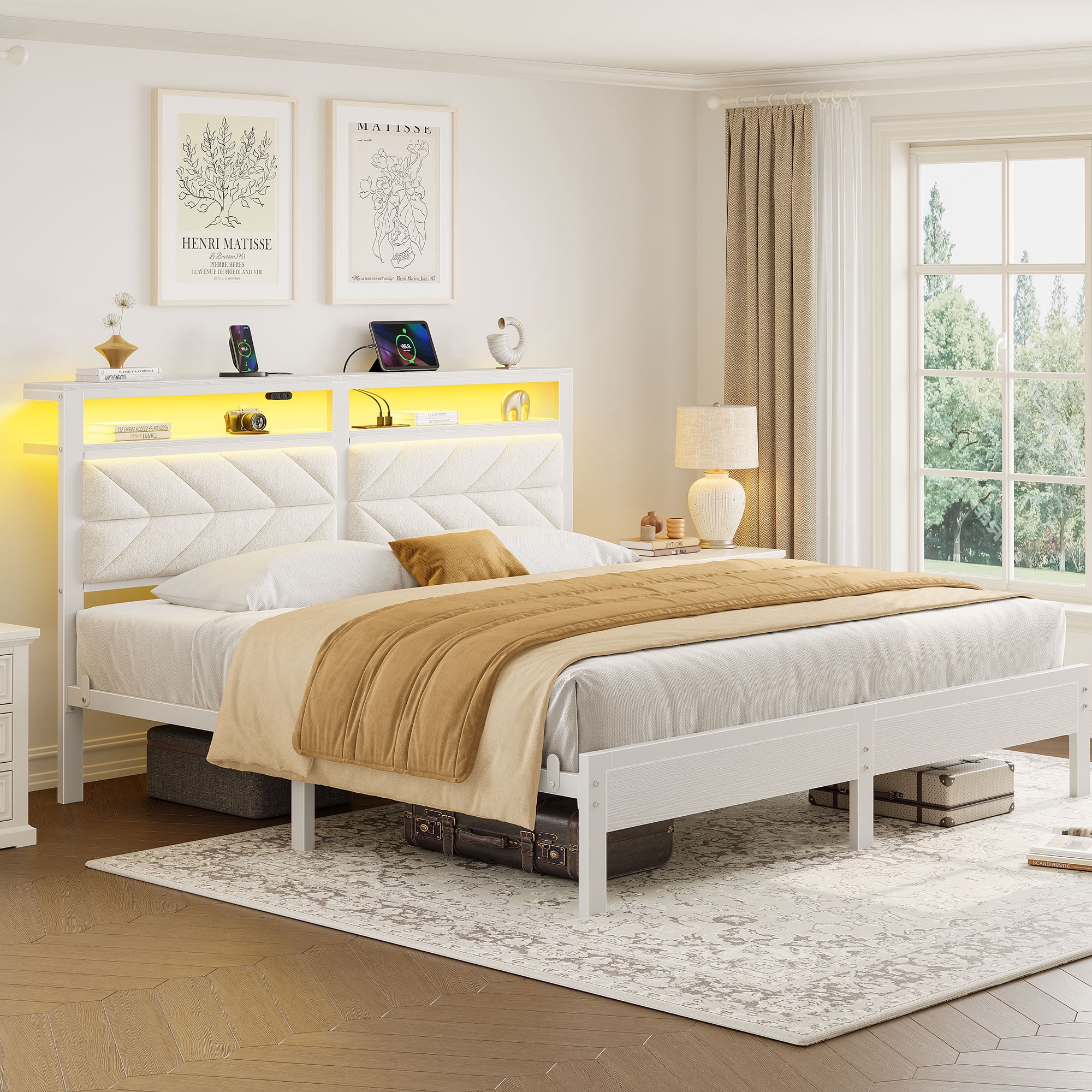 Greenstell King LED Bed Frame with Headboard Storage - Charging Station,Off White