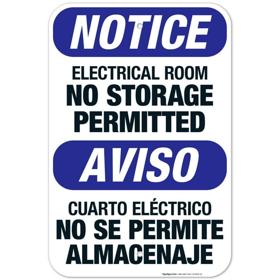 Electrical Room No Storage Permitted Bilingual Sign, OSHA Notice Sign, 12x18 Aluminum