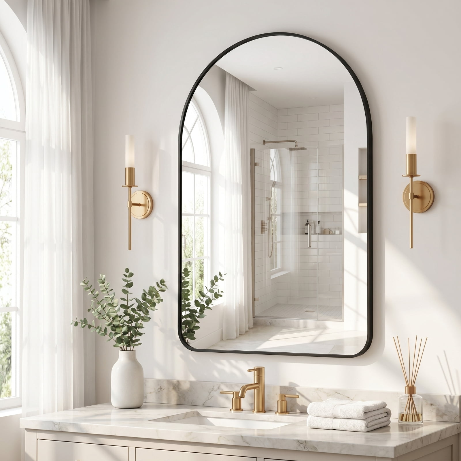 Gleamira 30"x40" Arched Bathroom Wall Mirror Rounded Corner Vanity Mirror with Metal Frame, Black