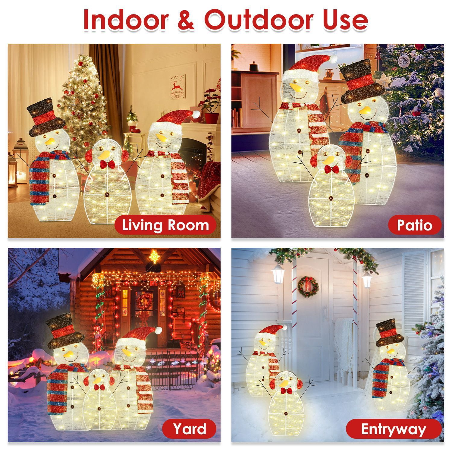 3Pcs Christmas Snowman Family Decorations (Father/Mother/Baby), 2D Plush-Wrapped Metal Frame with 3×9.84ft LED String Lights (30 Beads/Each), USB Powered for Festive Glow