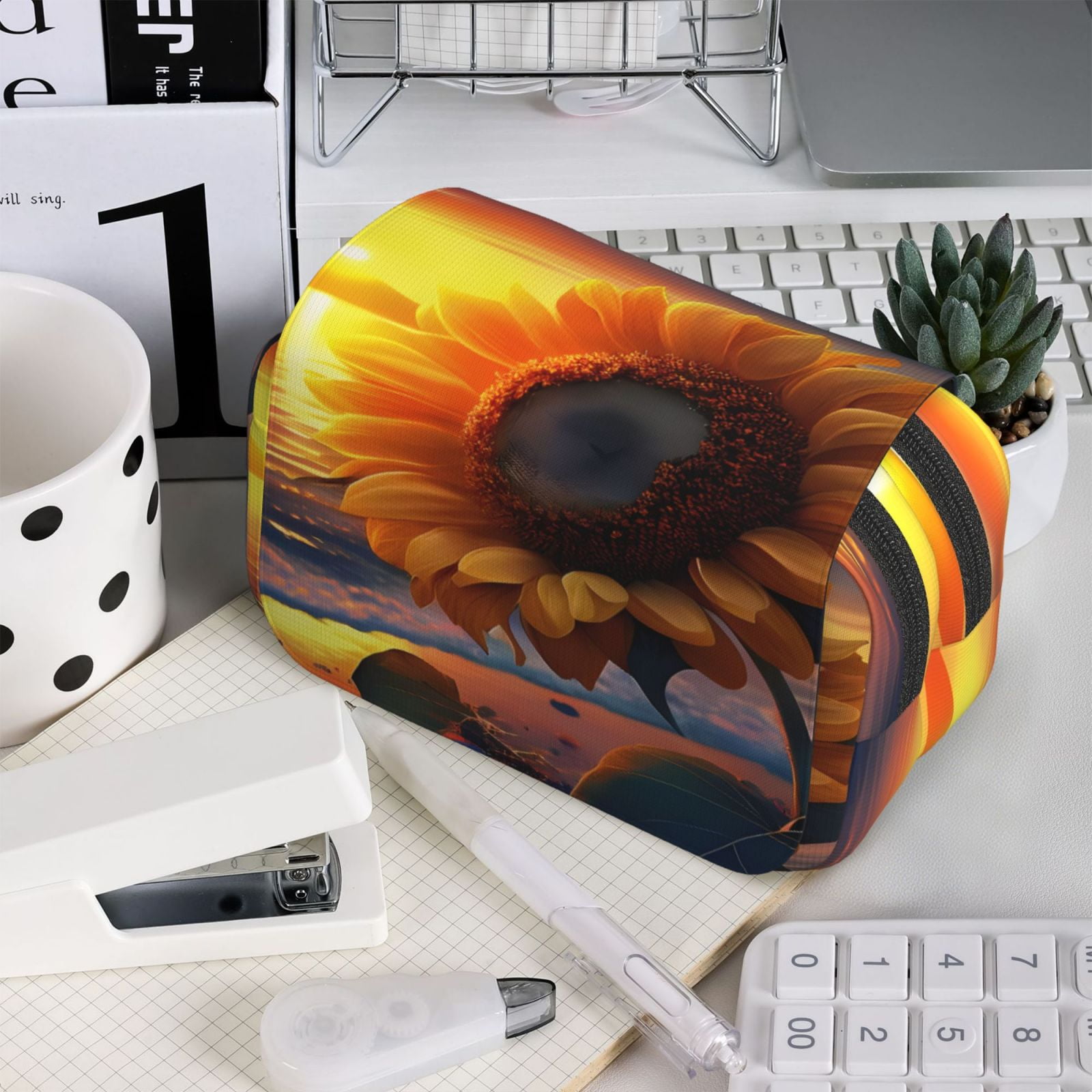 Rateoe Sunset Coast Sunflower Pattern Double Clamshell Pen Case, Storage Organizer with Two Zipper Compartments– Holds Up to 50 Pencils & Pens