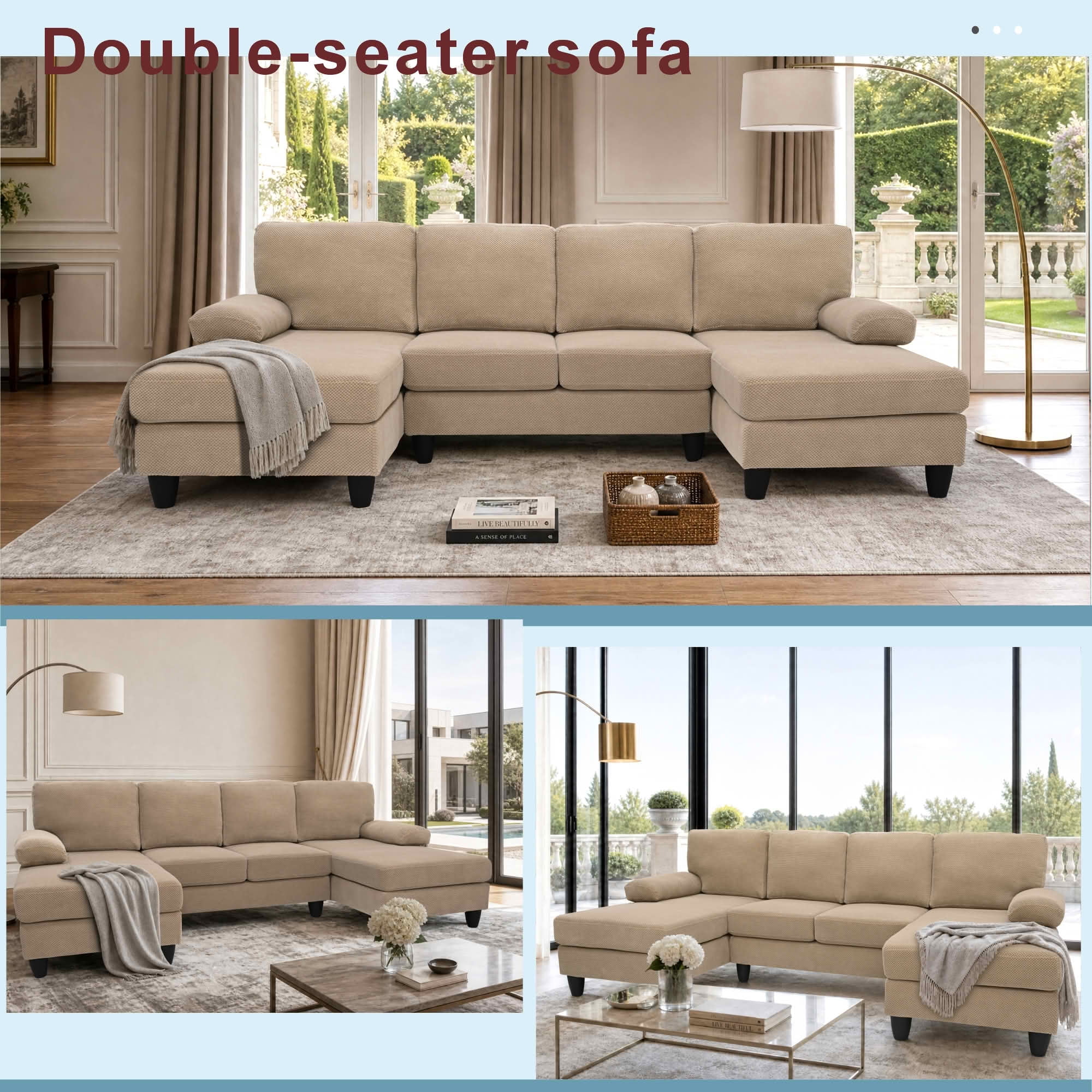 MAYEERTY 104" U‑Shaped Sectional Sofa, Nubby Textured Upholstery Couch with Dual Chaise & Plush Upholstered Armrests, Modern Living Room Furniture