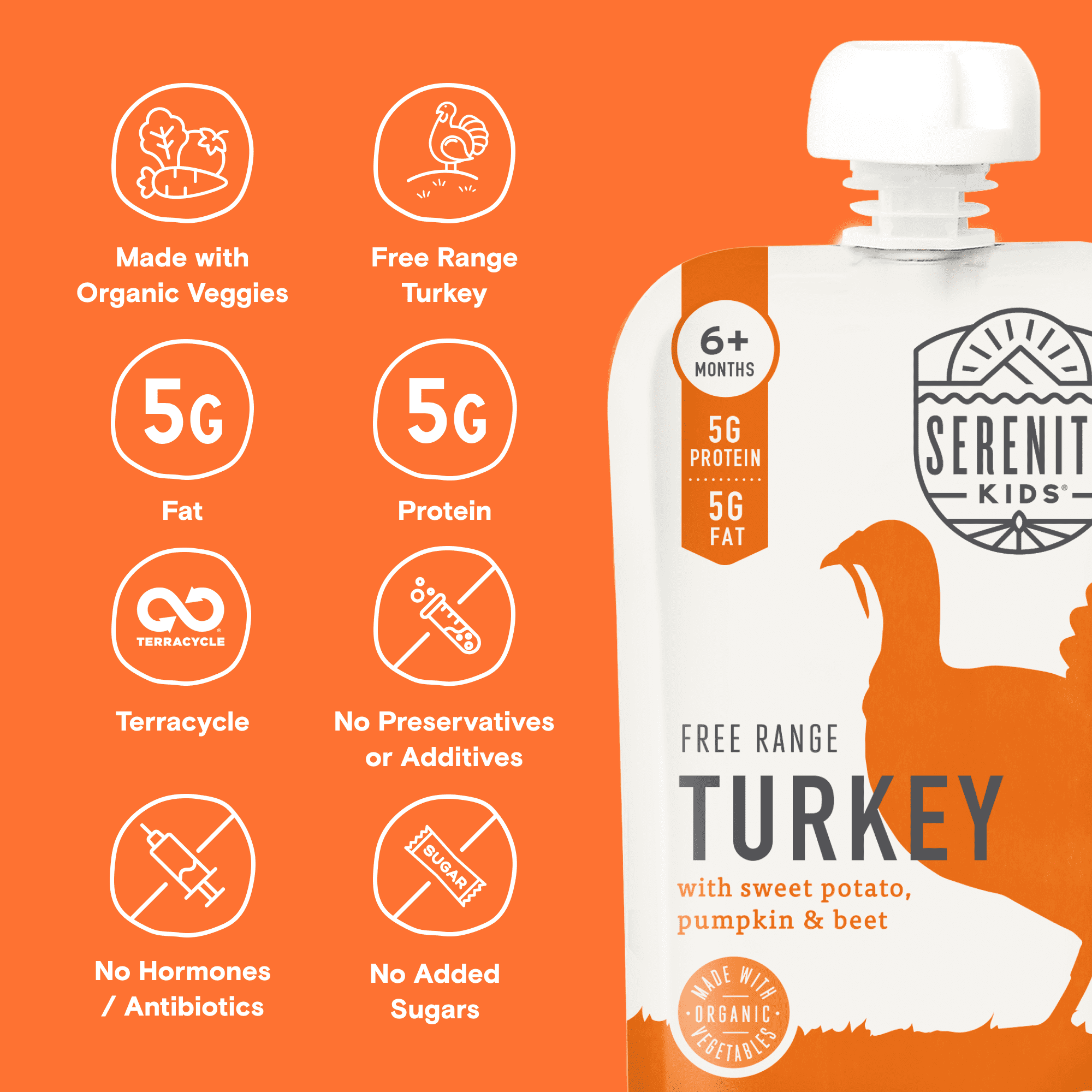 Serenity Kids Free Range Turkey Stage 2 Baby Food Organic Sweet Potato Pumpkin & Beet, 3.5oz Pouch (6 Pack)
