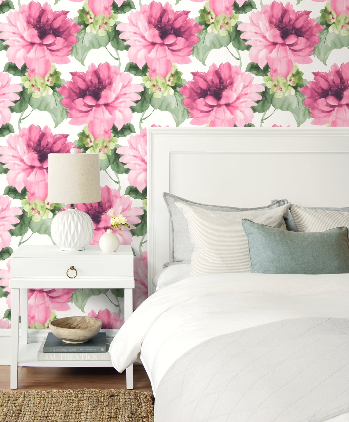 NextWall Harry & Grace Watercolor Floral Peel and Stick Wallpaper 20.5 in. W x 18 ft. L - Cerise Pink & Evergreen
