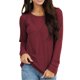 thumbnail image 3 of Top de manga larga para mujer, cuello redondo, hombros descubiertos, color puro, ajuste holgado, camisa informal para mujer para citas en el trabajo, rojo vino S, 3 of 6