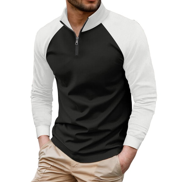 Adult Men's Polo Shirt Long Sleeve Quarter Zipper Polo Tees Lightweight White Work Shirts for Men