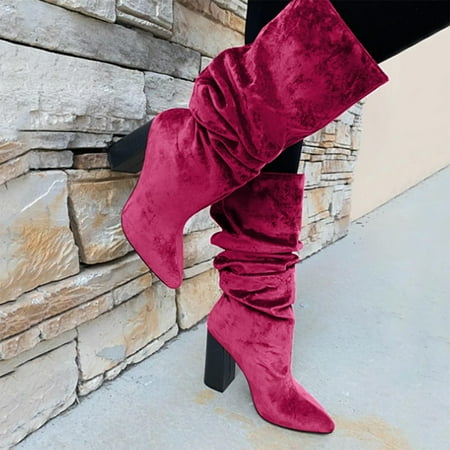 

Retro Women Suqare Heels Slip-On Solid Color Middle Tube Booties Round Toe Shoes