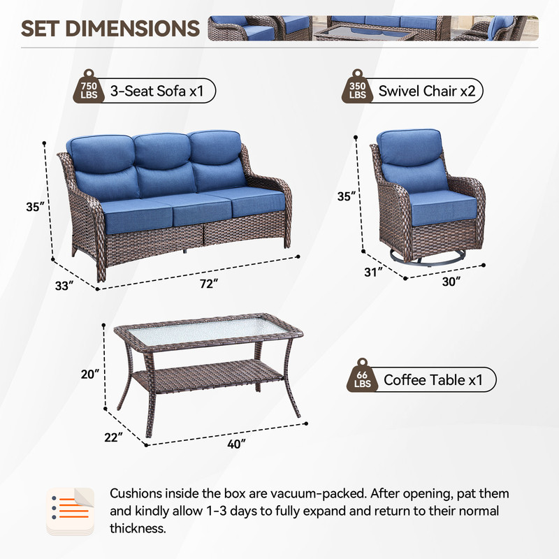 PARKWELL 4 Piece Outdoor Patio Furniture Set,All-Weather High Back Conversation Set with Luxury 6-Inch Thick Cushions,Swivel Glider Chair,5-Seat Furniture Sets for Garden, Deck, Backyard,Brown/Navy
