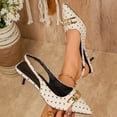 thumbnail image 5 of Womens Slingback Heels Metal Chain Pointed Closed Toe Sandals Elastic Band Elegant Print Summer Dress Pumps Shoes White Size 6, 5 of 7