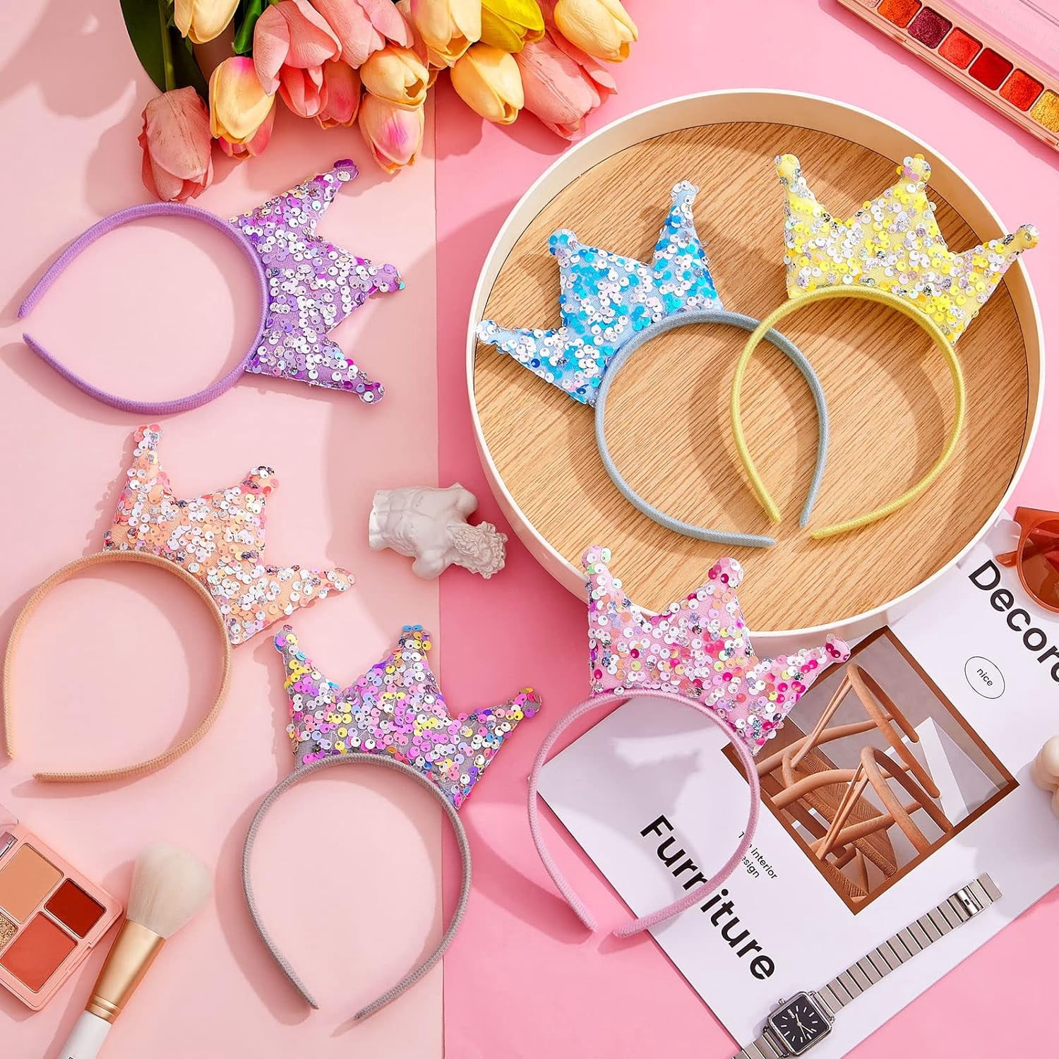 12 Pack Princess Party Favors Princess Crowns Headband Decorations Glitter Sequin Headband for Birthday Proms Gifts(Multi Colors,Sequin)
