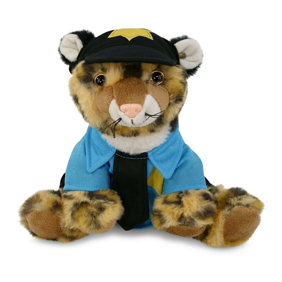 DolliBu Squat Leopard Police Officer Plush Toy – Super Soft Leopard Cop Stuffed Animal Dress Up Cop Uniform and Cap Outfit, Fluffy Leopard Policeman Toy Plush Gift for Kids – 8 Inches