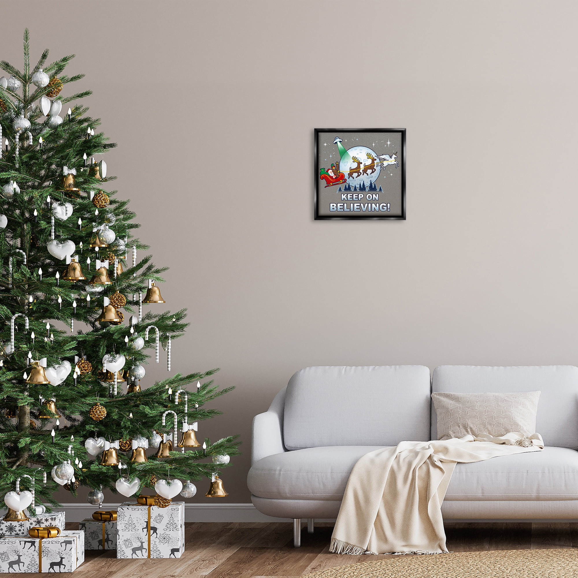 Stupell Industries Keep on Believing Holiday Holiday Painting Black Floater Framed Canvas Art Prints Wall Art, 18 x 18