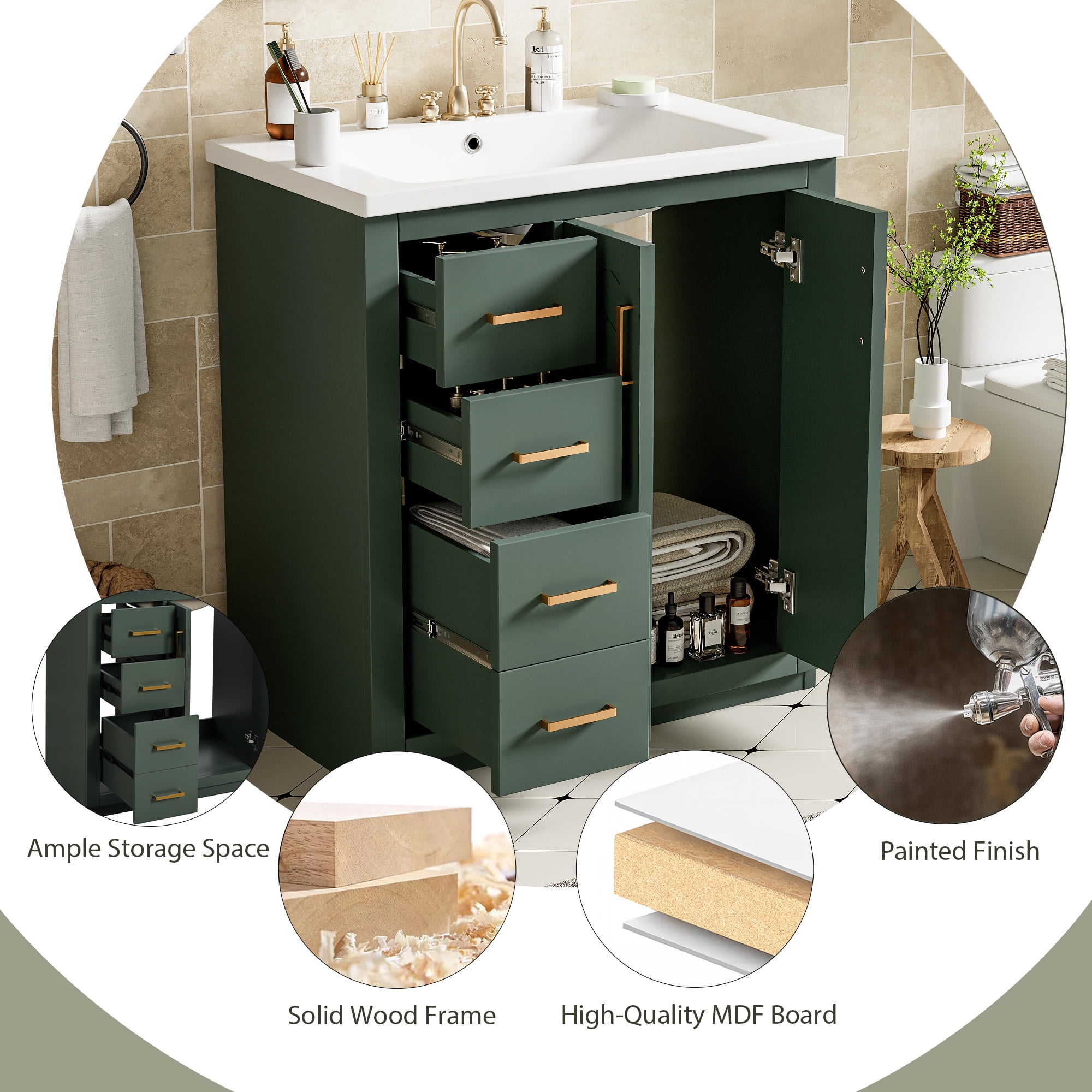 Euroco 30'' Bathroom Vanity with Ceramic Sink Combo,Solid Wood Frame Bathroom Storage Cabinet, Freestanding Vanity Set with 3 Drawers& Soft Closing Doors