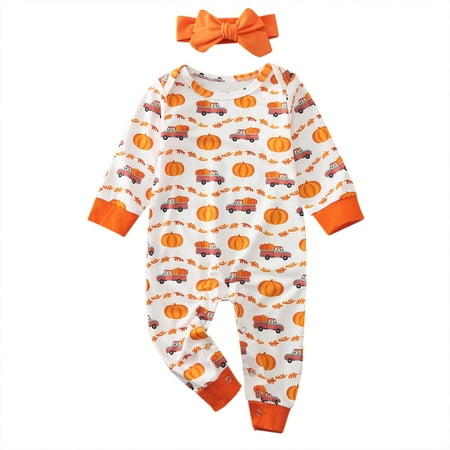 

nsendm Mother Toddler Matching Dresses Toddler Girls Jumpsuit+Headband Print Romper Baby Romper Girl Orange 18-24 Months