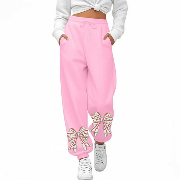 Fiaer Sweatpants Women Plus Size Baggy Trendy Pants Embroidered Bow Print High Waist Casual Loose Fit Comfy Trousers with Pocket Pink XL